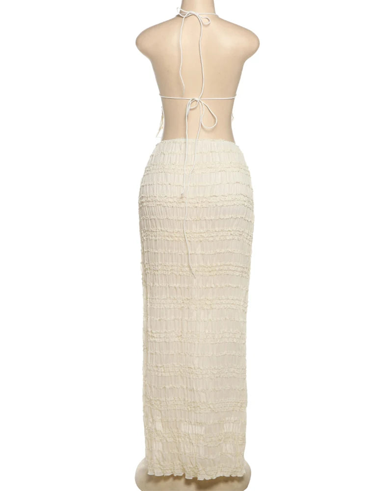 Oksana Sheer Crinkle Mesh Halter Lace-Up Crop Top & Maxi Skirt Two-piece