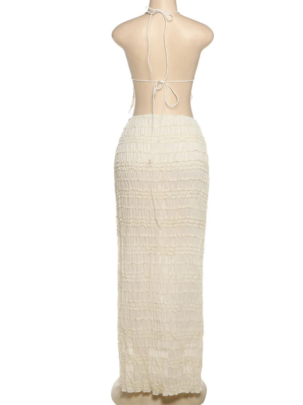 Oksana Sheer Crinkle Mesh Halter Lace-Up Crop Top & Maxi Skirt Two-piece