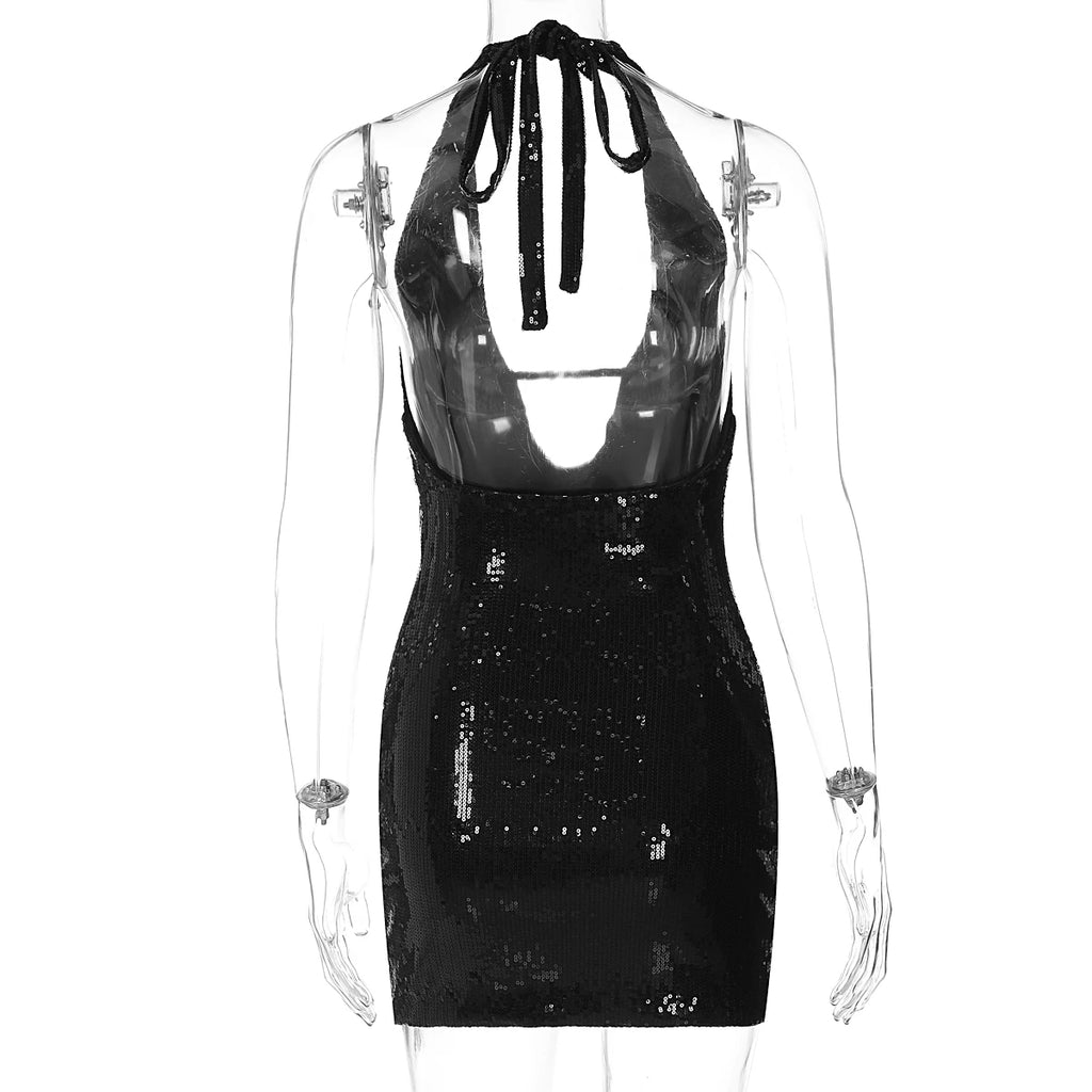 Starlight Sequin Lace-Up Halter Mini Dress