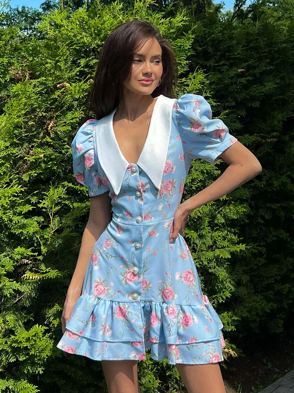 Gisella Floral Collared Puff-Sleeve Pearl-Button Ruffle Mini Dress