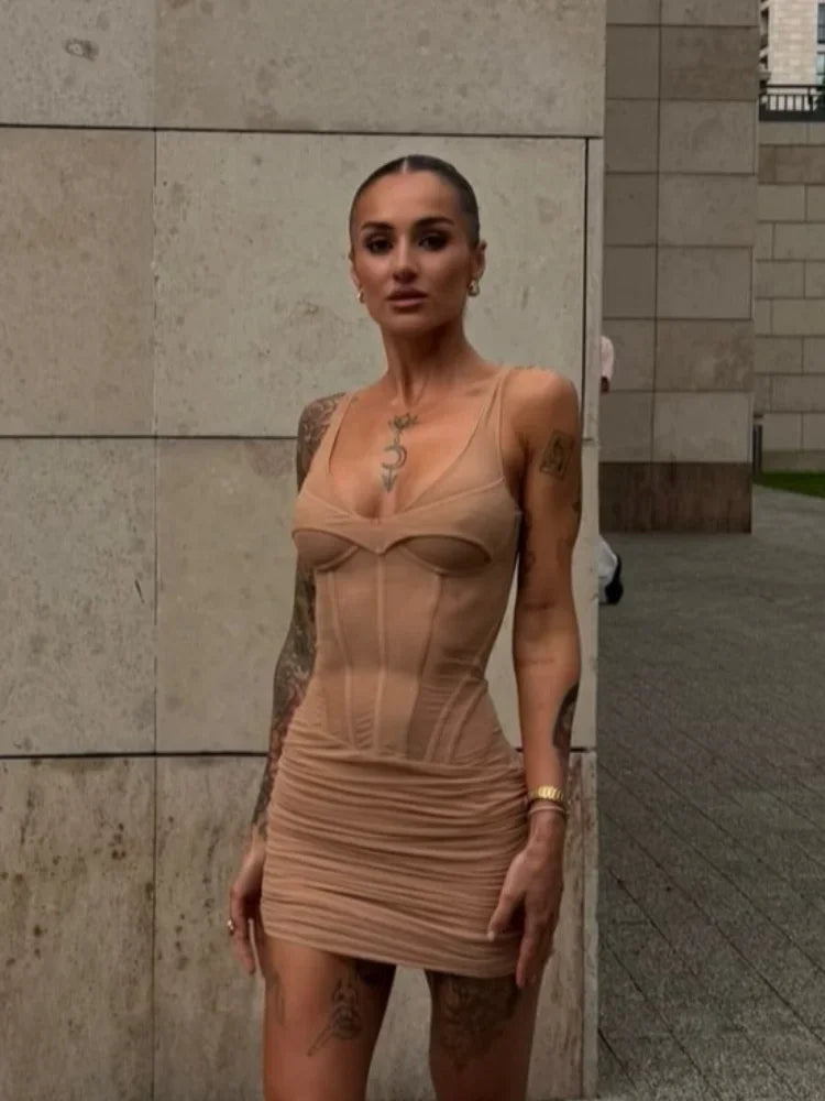 Sexy Solid Fishbone V-neck Dress Women Elegant Solid Sleeveless Pleated Slim Waist-cinching Mini Dresses Summer Party Gown 2026