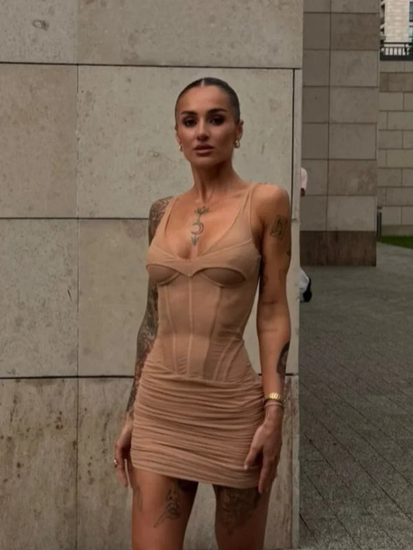 Sexy Solid Fishbone V-neck Dress Women Elegant Solid Sleeveless Pleated Slim Waist-cinching Mini Dresses Summer Party Gown 2026