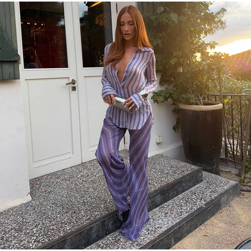 Marisela Retro Geometric Stripe Halter Backless Top & Flare Pants Two-piece