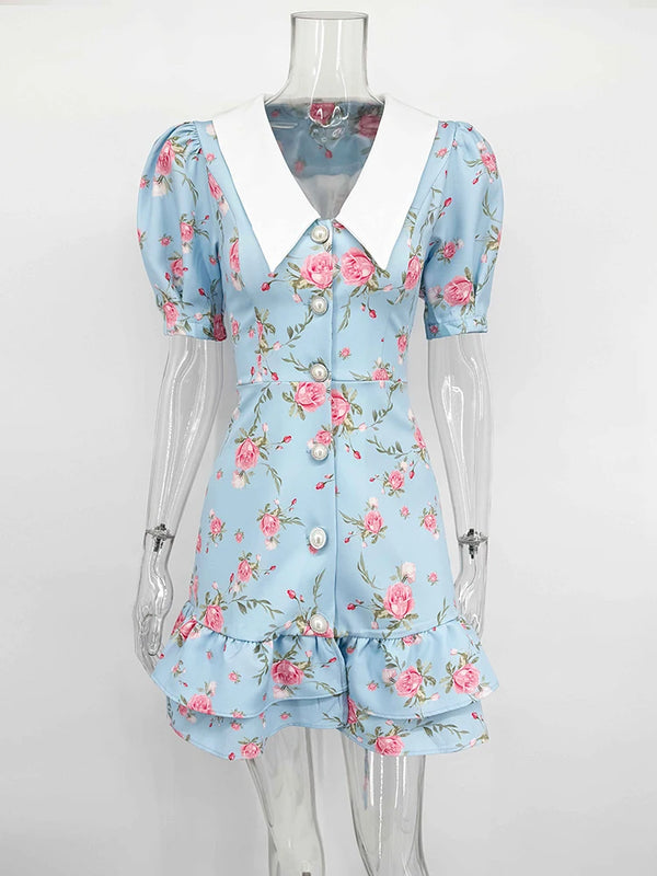 Gisella Floral Collared Puff-Sleeve Pearl-Button Ruffle Mini Dress