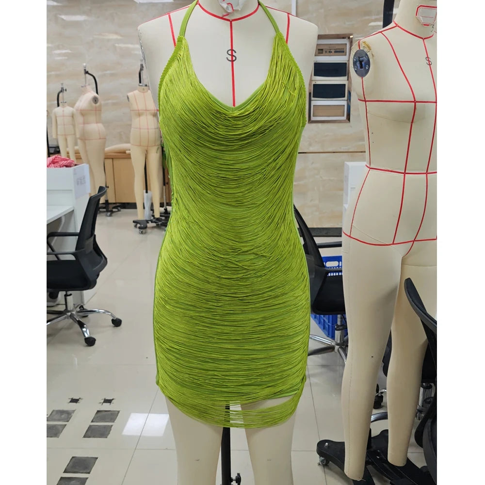 Cressida Fringe Cowl-Neck Bodycon Mini Dress