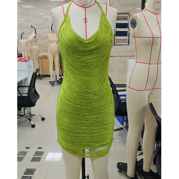 Cressida Fringe Cowl-Neck Bodycon Mini Dress