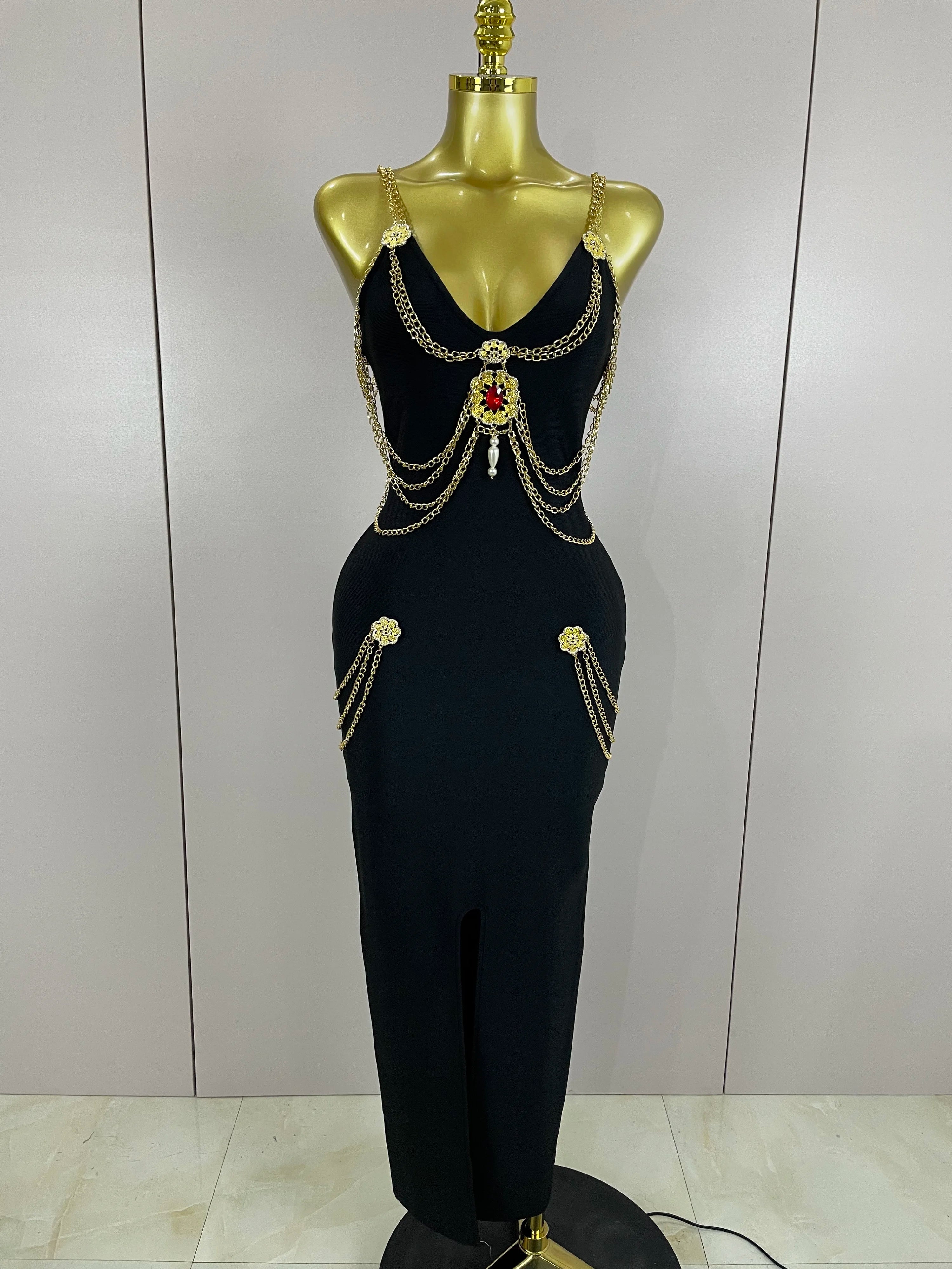 Kassandra Chain-Strap Split Bandage Maxi Dress