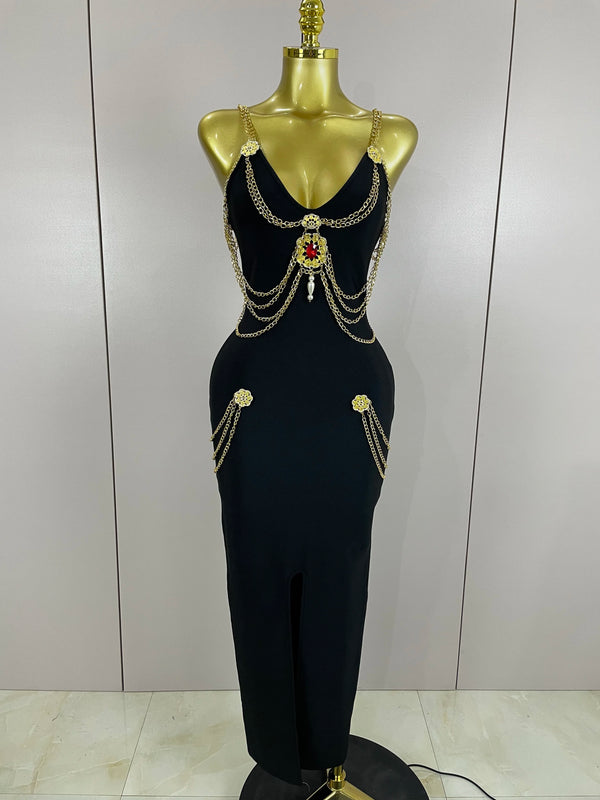Kassandra Chain-Strap Split Bandage Maxi Dress