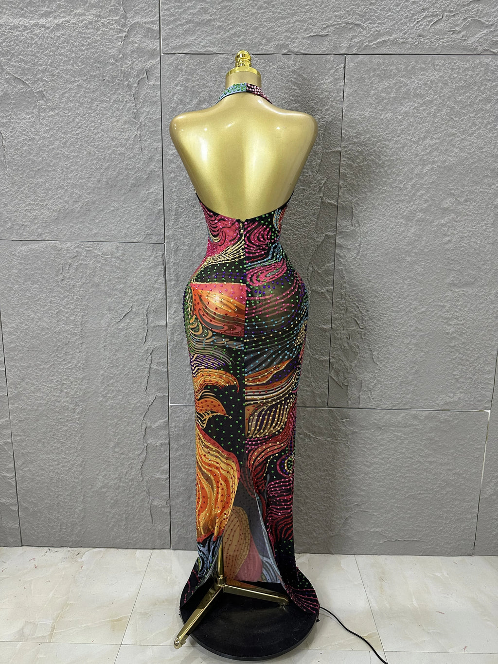 Jovienne Rhinestone Halter Deep-V Backless Mini Dress