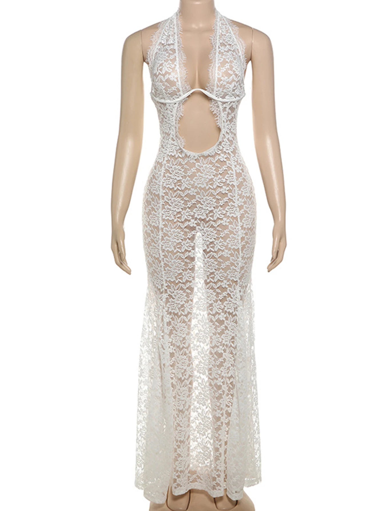 Evangeline Sheer-Lace Backless Maxi Dress