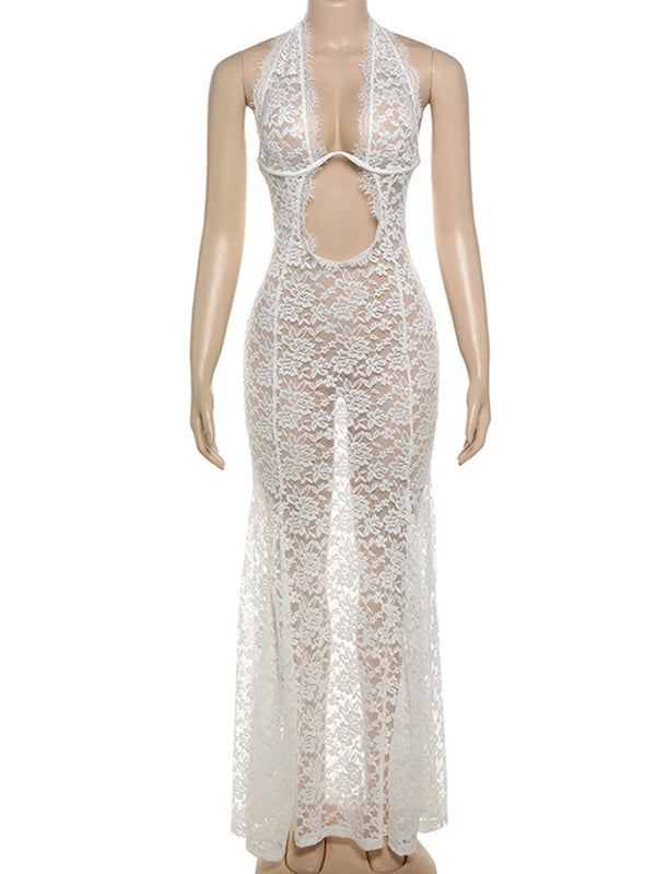 Evangeline Sheer-Lace Backless Maxi Dress
