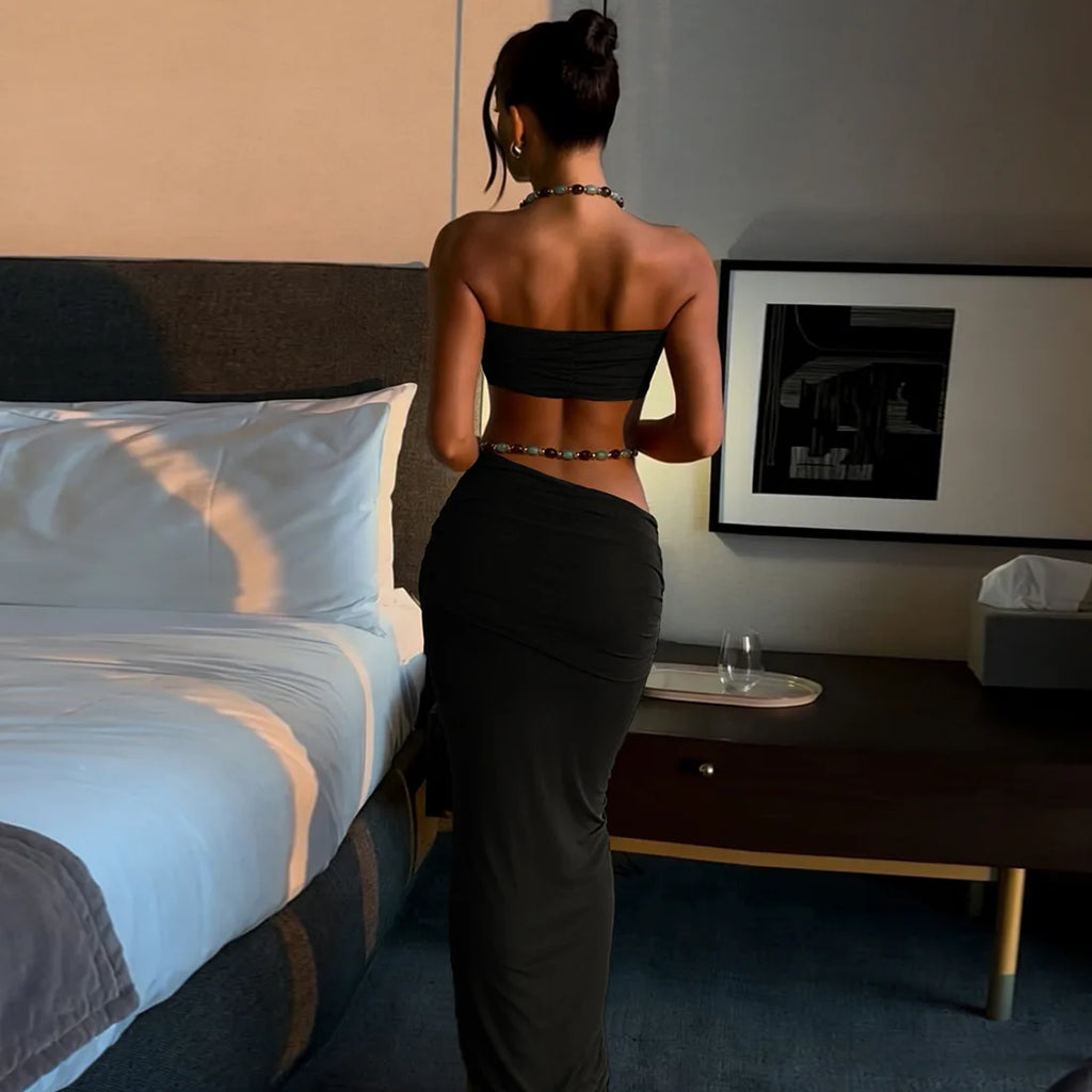 Jade Beaded Halter High-Low Maxi Skirt Set Two-piece