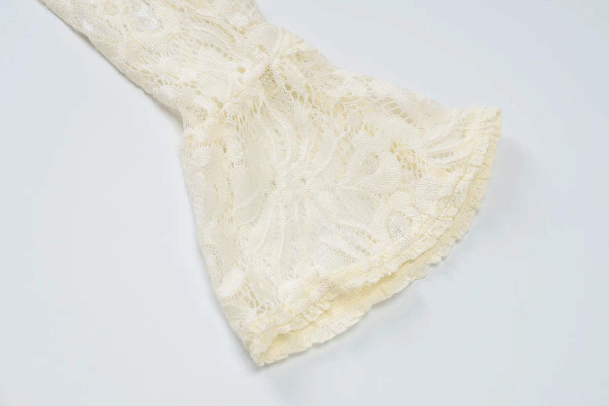 Pearl Lace Keyhole Flare-Sleeve Mini Dress