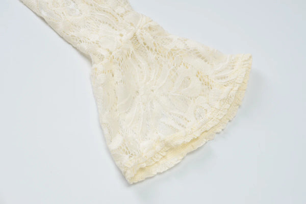 Pearl Lace Keyhole Flare-Sleeve Mini Dress