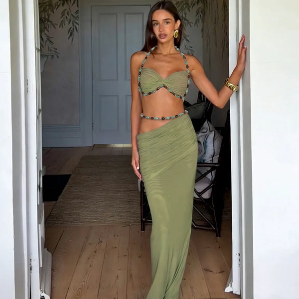 Jade Beaded Halter High-Low Maxi Skirt Set Two-piece