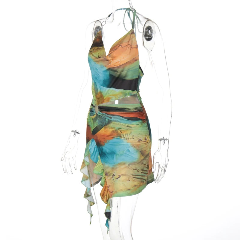 Eliana Scenery-Print Halter Ruffle Mini Dress