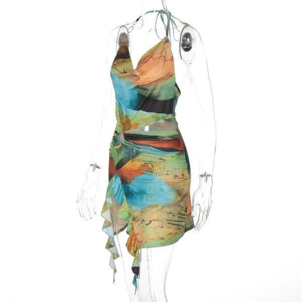 Eliana Scenery-Print Halter Ruffle Mini Dress