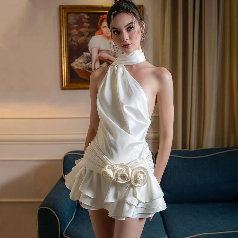Yvette 3D Floral Satin Halter Mini Dress