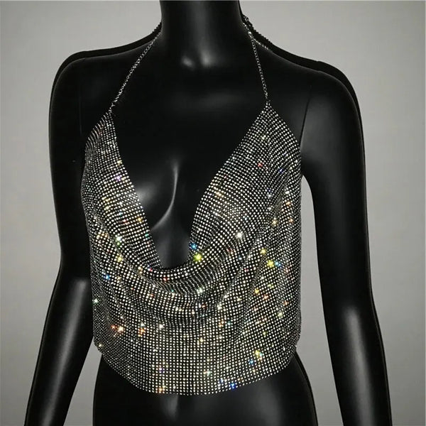 Festival Brilliant Rhinestone Backless Party Crop Top Women 2025 Summer Glitter Evening V Neck Diamonds Metal Tank Tops