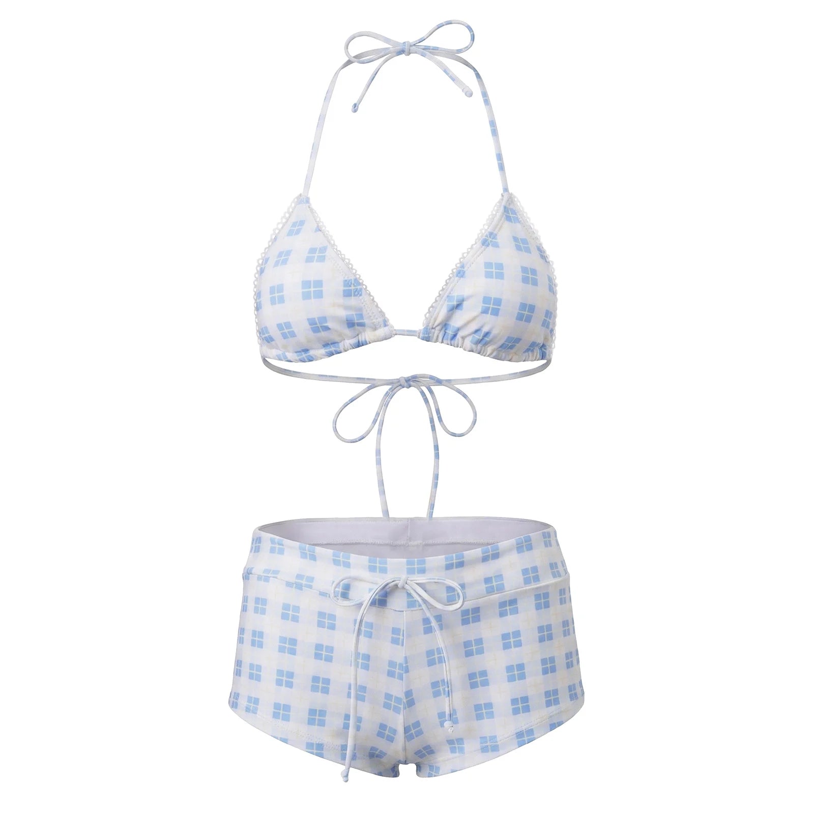 hirigin Women's 2 Piece Bikini Set Fashion Plaid Print Sleeveless Halter Neck Triangle Tops and Low Waist Boyshorts Bathing Suit