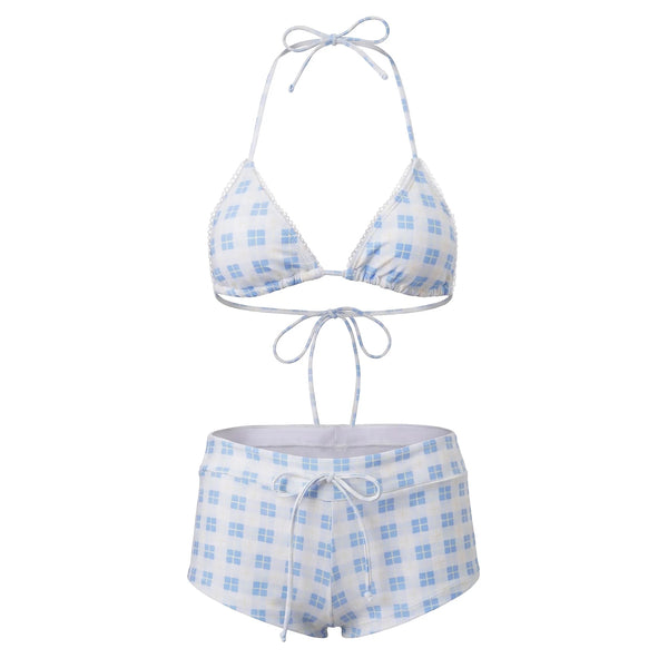 hirigin Women's 2 Piece Bikini Set Fashion Plaid Print Sleeveless Halter Neck Triangle Tops and Low Waist Boyshorts Bathing Suit
