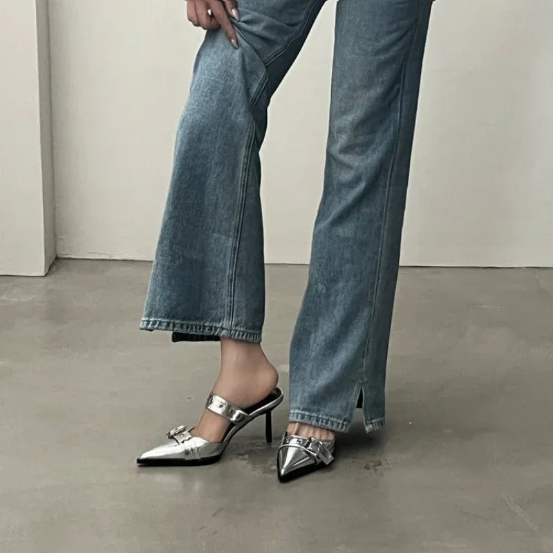 Veda Metal-Buckle Pointed-Toe Heels