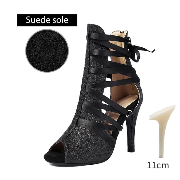 DKZSYIM Women Dance Boots Girls Ladies Jazz Dancing Shoes Thin Heels Glitter Shining Latin Indoor Party Dance Shoes Personalized