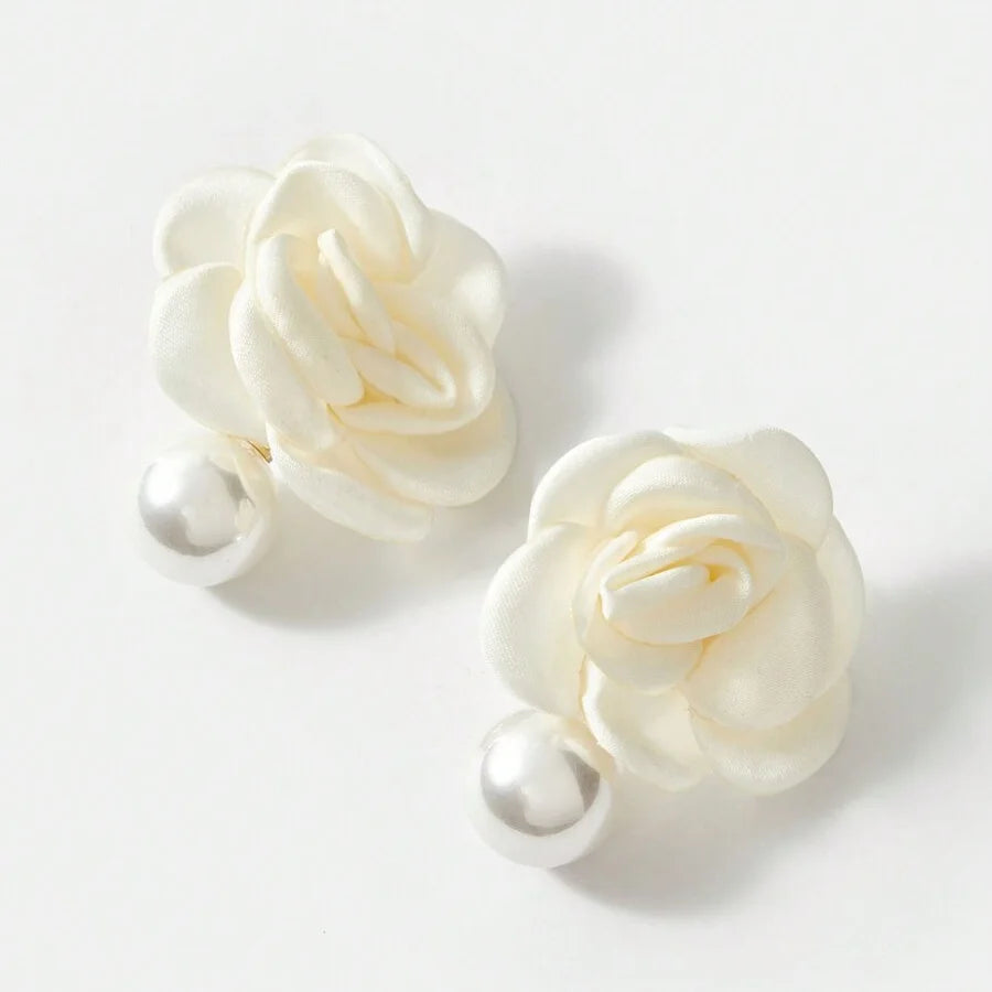 Liliane Ivory Fabric Rose Faux Pearl Drop Earrings