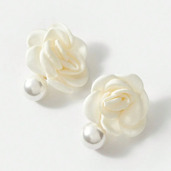 Liliane Ivory Fabric Rose Faux Pearl Drop Earrings