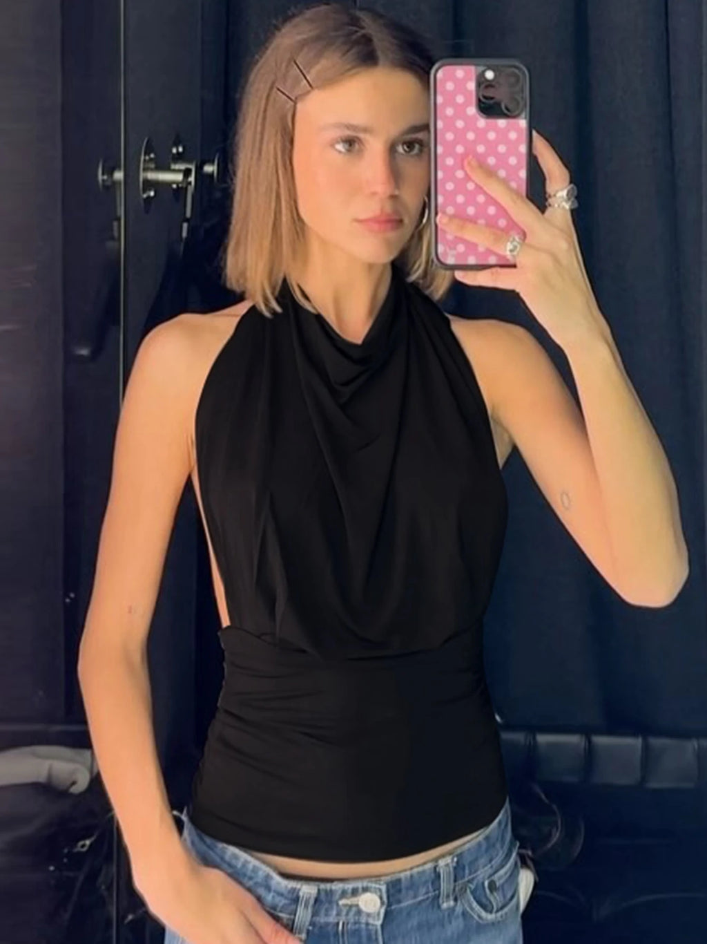 Wrenna Draped Halter Backless Ruched Tank Top One-piece