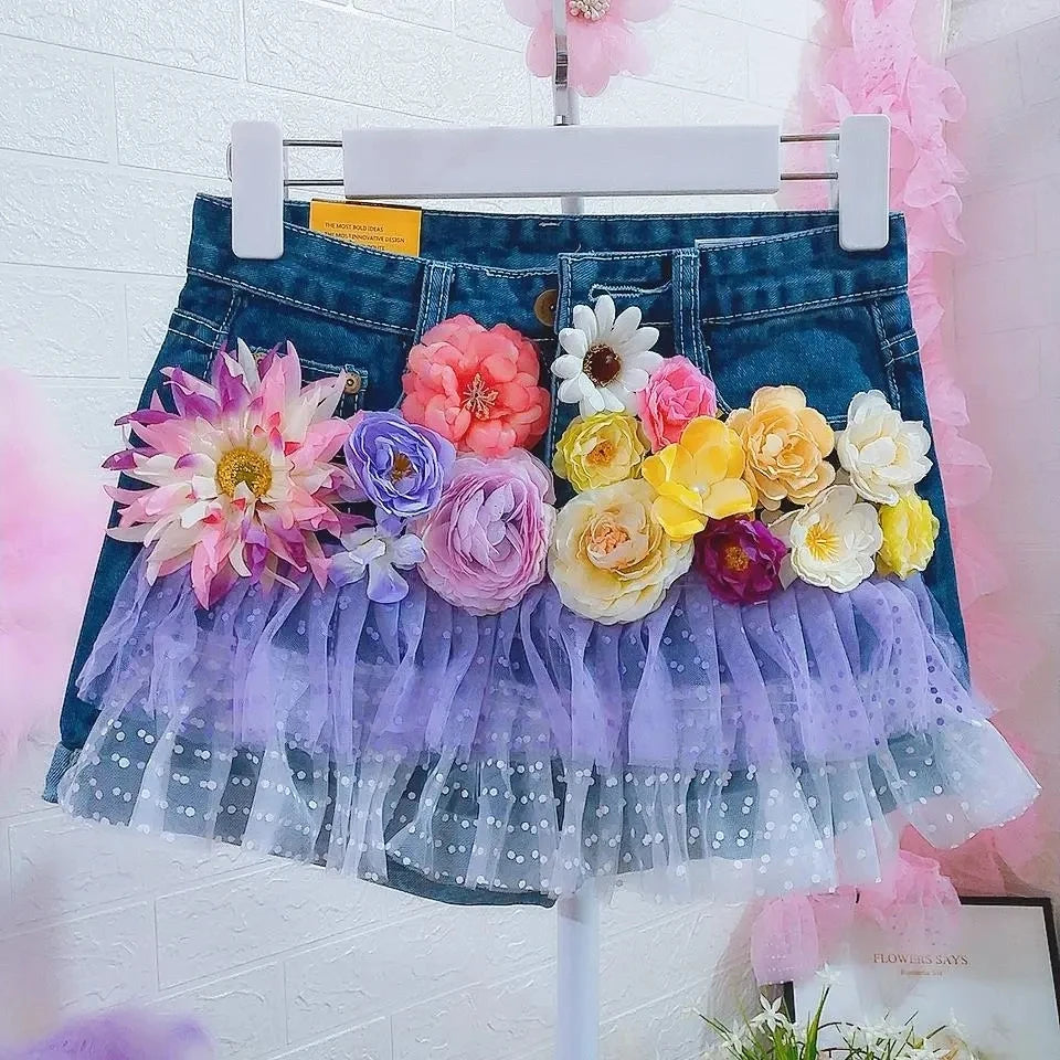 Flora 3D Floral Denim Shorts Apparel One-piece