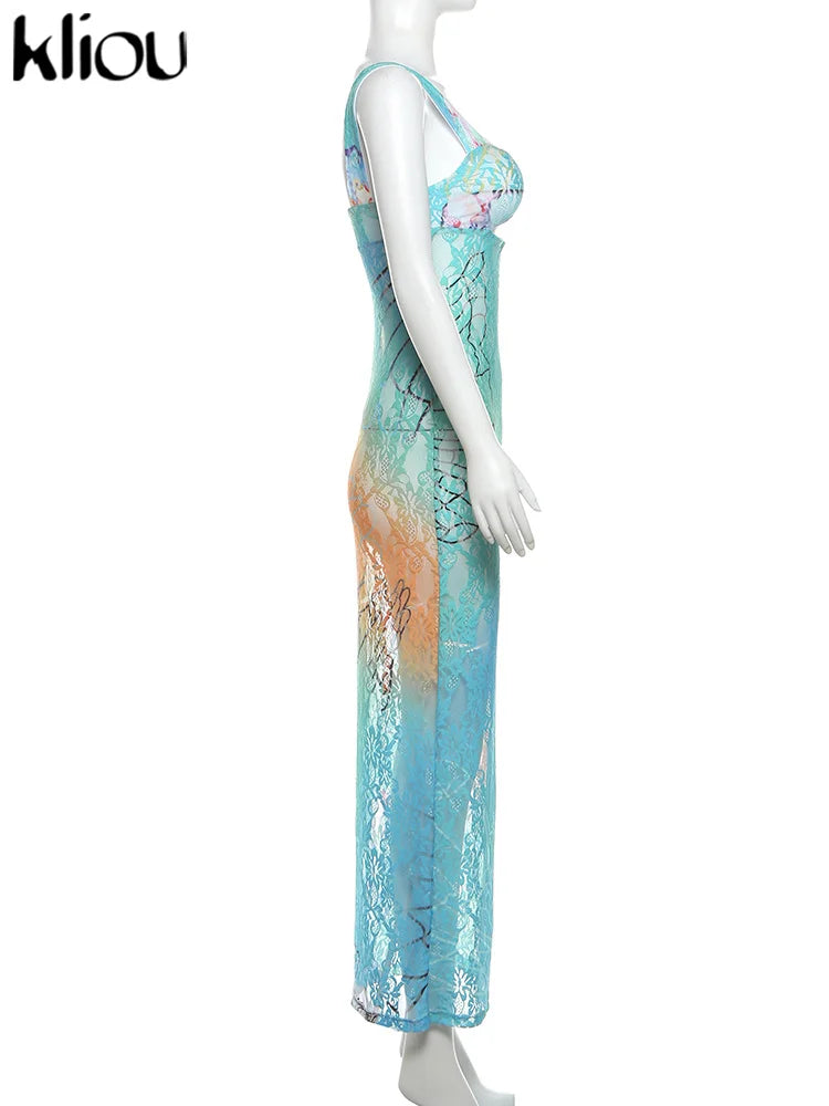 Wilhelmine Sheer Lace Gradient Print Cutout Cami Maxi Dress