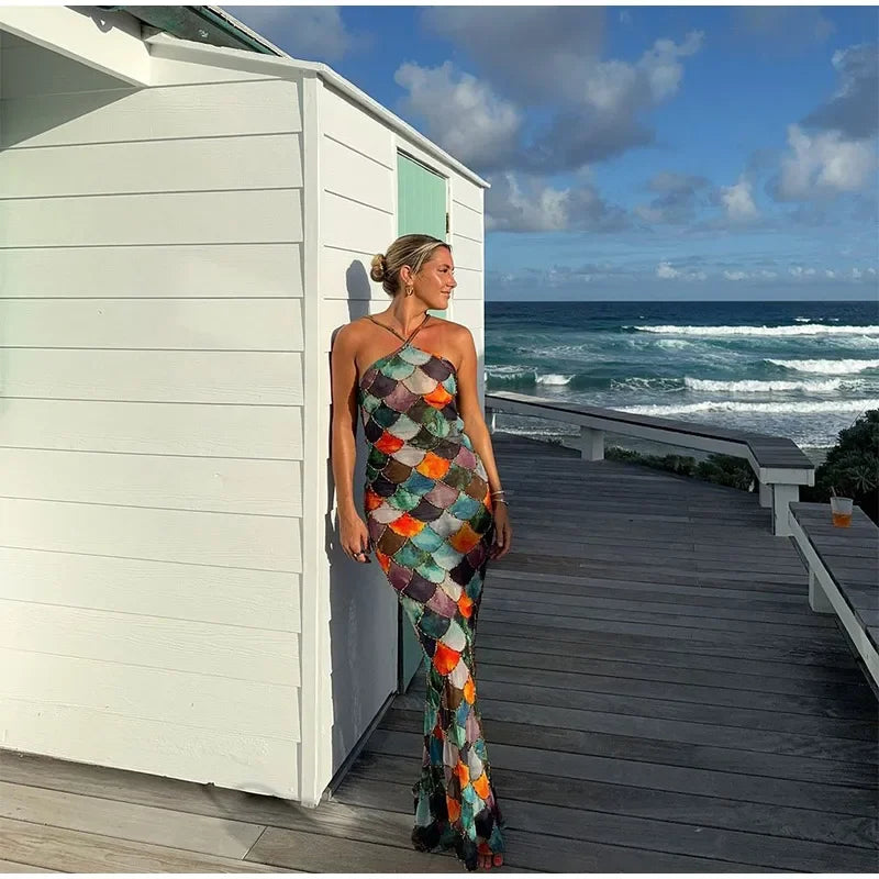 Gwenllian Harlequin Print Halter Slip Maxi Dress