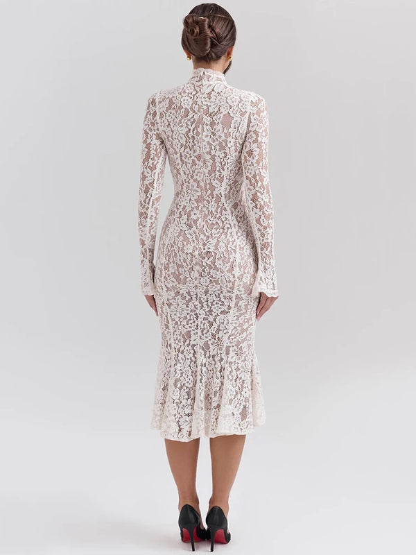 Bianca Lace High-Neck Long-Sleeve Midi Dress