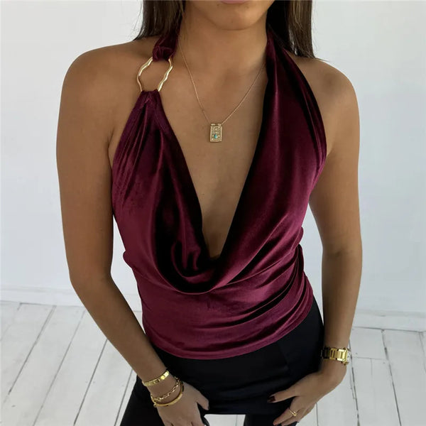 hirigin Velvet Sleeveless Shirt Vest Y2K Coquette Swing Collar Halter Camis Club Party Women Sexy Backless Tie Up Crop Tops
