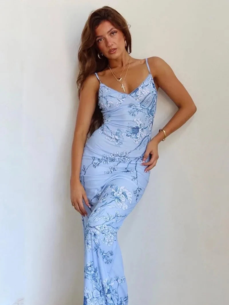 Adalgisa Floral Print V-Neck Cami Backless Bodycon Maxi Dress