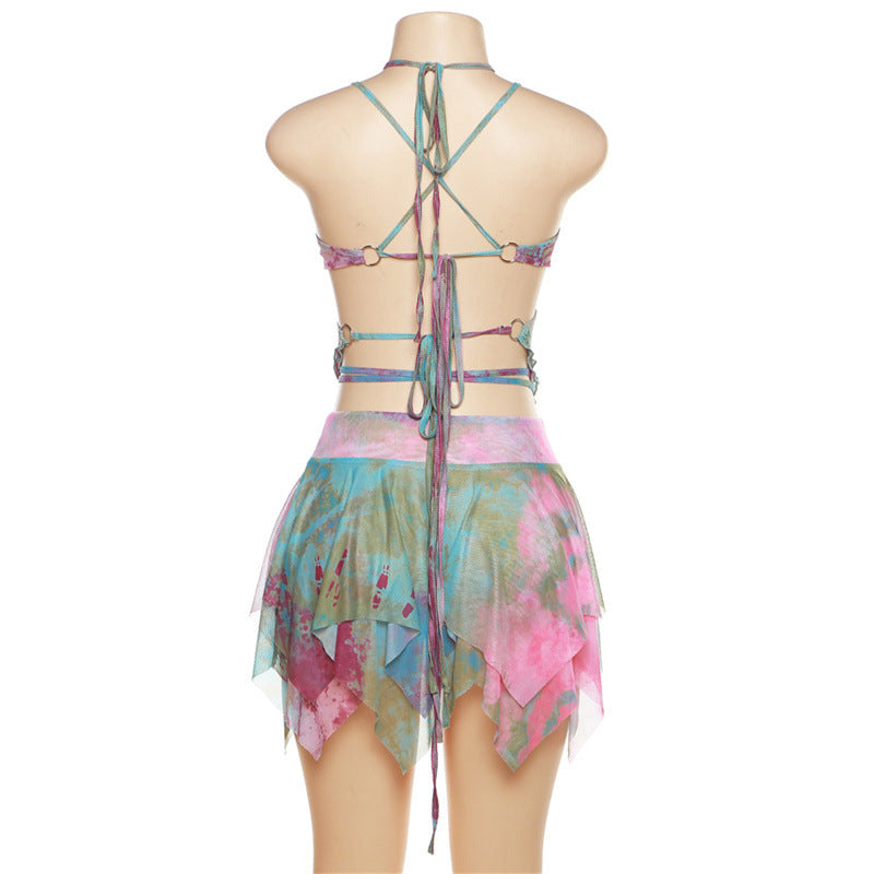 Gwynedd Y2K Ruffle Tie-Dye Crop Top & Wrap Mini Skirt Set
