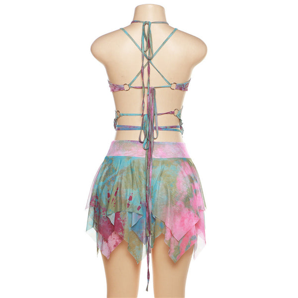 Gwynedd Y2K Ruffle Tie-Dye Crop Top & Wrap Mini Skirt Set