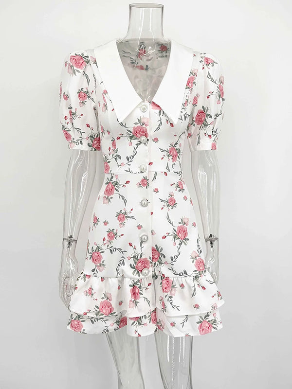 Gisella Floral Collared Puff-Sleeve Pearl-Button Ruffle Mini Dress