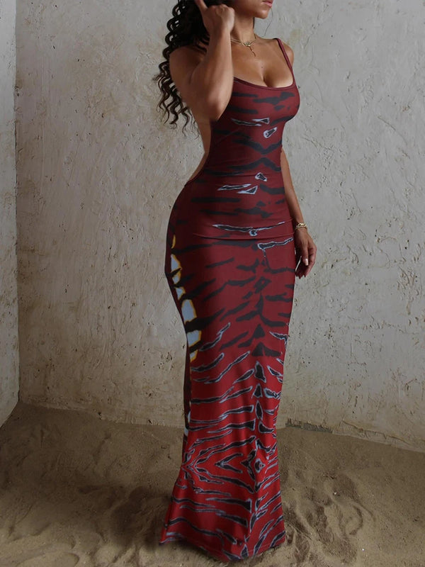 Tigrana Tiger Stripe Print Backless Bodycon Cami Maxi Dress