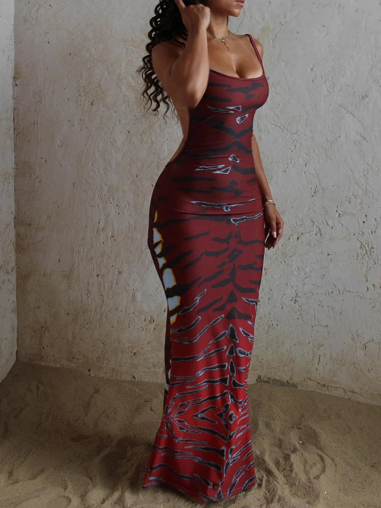 Nibber Tiger Stripe Print Backless Maxi Dress Women Sleeveless Sexy Skinny Clubwear Stretch Tight Beach Vacation Slim Vestidos Main image