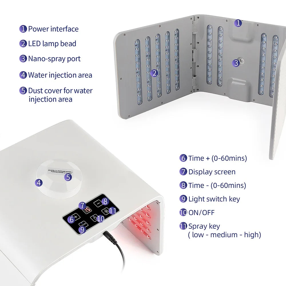 Foldable 7-Color LED Face & Body Light Panel with Mist Sprayer