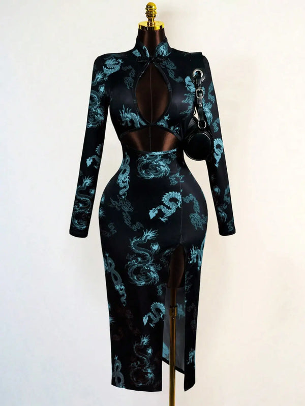 Lian Dragon-Print Keyhole Qipao Maxi Dress