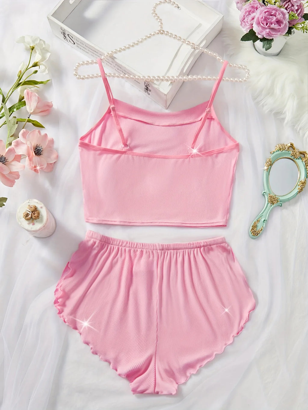 Pernilla Ribbed Cami & Ruffle-Trim Shorts Pajama Set Two-piece