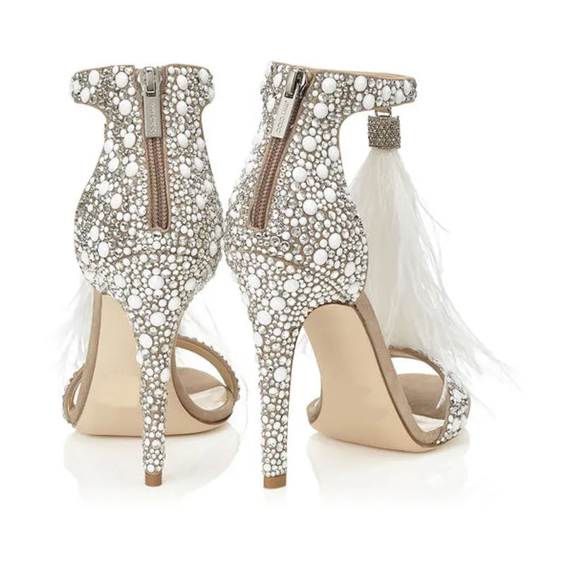 Women Sandals Summer Sexy Pumps Rhinestone Zipper Feather High Heel Apricot Women Wedding Pumps Shoes Size 34-43