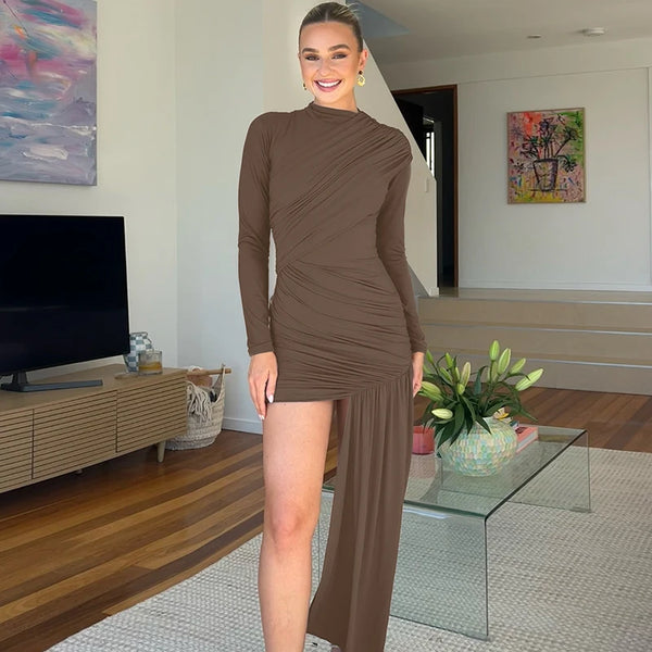 Kaia Ruched Turtleneck Long-Sleeve Mini Dress