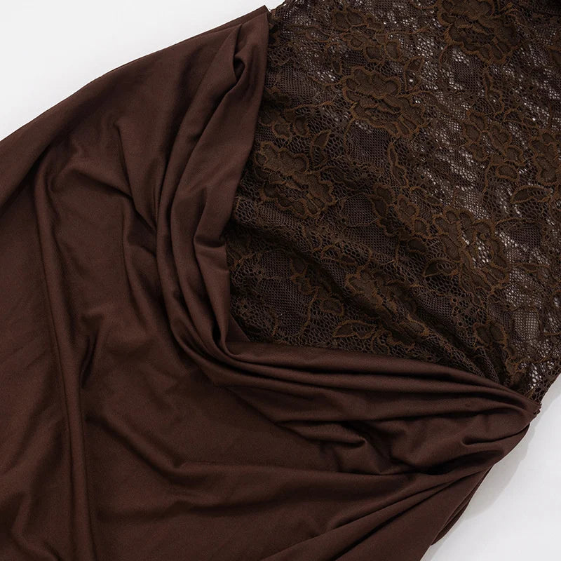 Valentina Cocoa Lace Draped Maxi Dress