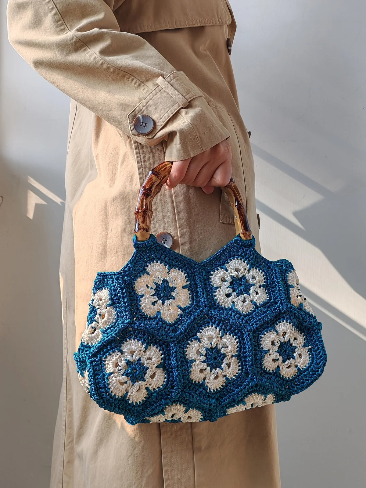 Wilhelmina Handmade Crochet Granny Square Tote Bag with Bamboo Handle