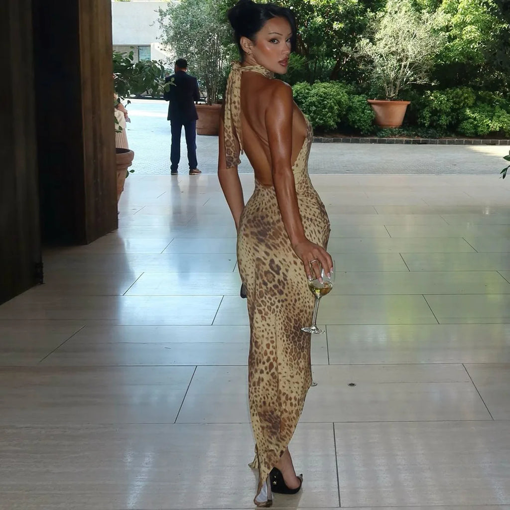 Leopoldine Leopard Print Halter Backless Bodycon Maxi Dress