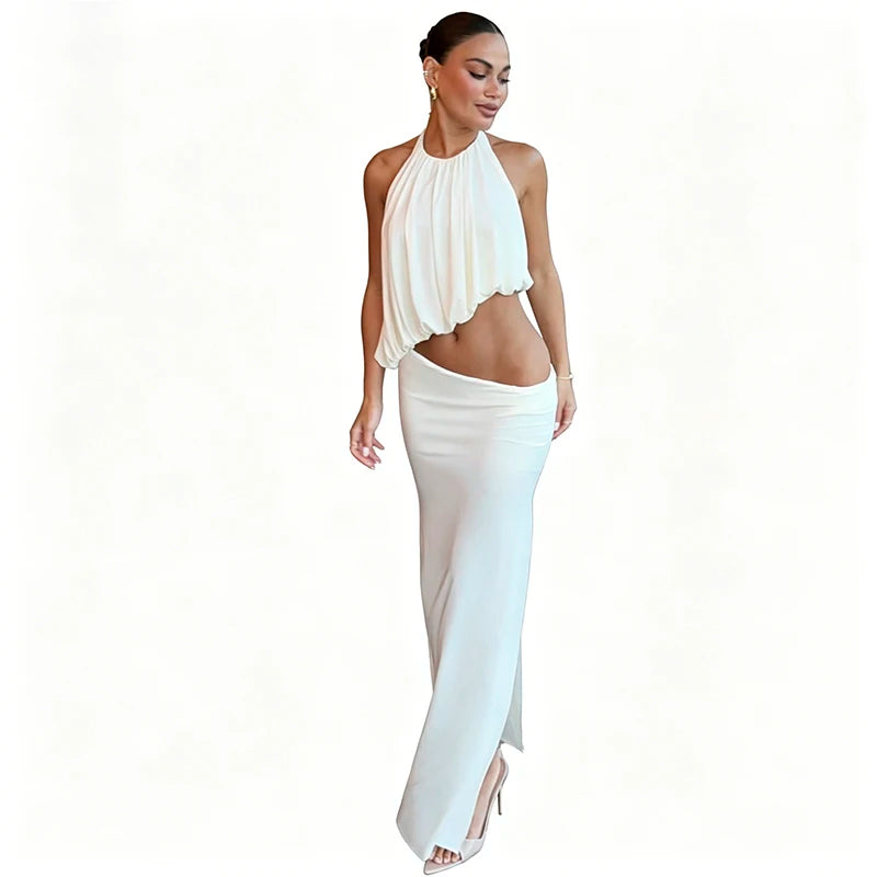 Ivory Ruched Halter High-Low Maxi Skirt Set Two-piece